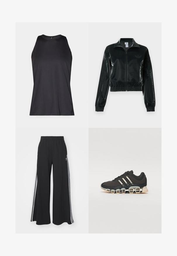 Black glossy cropped jacket with a zip front, high collar, and elasticized hem. Features three stripes on sleeves and a small logo on the chest.; Black sleeveless athletic shirt made from a smooth, lightweight fabric. Features a round neckline and flat seams for comfort.; Black wide-leg sweatpants with an elastic waistband, featuring white side stripes and an embroidered logo on the left thigh.; Black athletic shoe with a textured upper, three silver stripes, and a distinctive cushioning sole featuring multiple integrated sections.