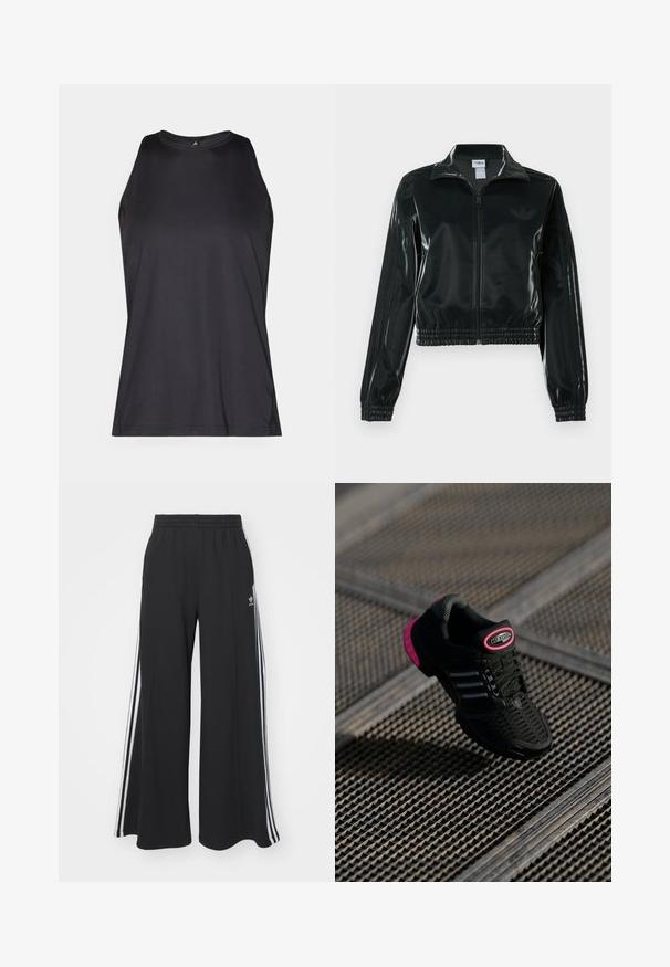 Zwarte glanzende cropped jas met een ritssluiting aan de voorkant, hoge kraag en elastische zoom. Voorzien van drie strepen op de mouwen en een klein logo op de borst.; Zwarte mouwloze sportshirt gemaakt van een gladde, lichte stof. Beschikt over een ronde halslijn en platte naden voor comfort.; Zwarte wijde sweatpants met een elastische tailleband, met witte zijstrepen en een geborduurd logo op de linker dij.; Zwarte sportieve schoen met een bovenwerk van mesh, roze accenten en zwarte gestreepte details. Beschikt over een gestructureerde buitenzool en een logo-label op de hak.