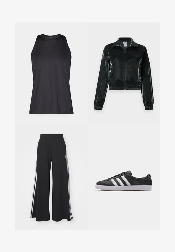 Czarna błyszcząca krótka kurtka na zamek błyskawiczny z przodu, z wysokim kołnierzem i elastycznym wykończeniem na dole. Na rękawach znajdują się trzy paski, a na piersi małe logo.; Czarna bezrękawnik sportowy wykonany z gładkiego, lekkiego materiału. Posiada okrągły dekolt i płaskie szwy dla komfortu.; Czarne szerokie spodnie dresowe z elastycznym pasem, z białymi paskami po bokach i haftowanym logo na lewej udzie.; Czarny skórzany tenisówka z białym wzorem trzech pasków, okrągłym noskiem, płaską białą gumową podeszwą i detalem z logo po boku.