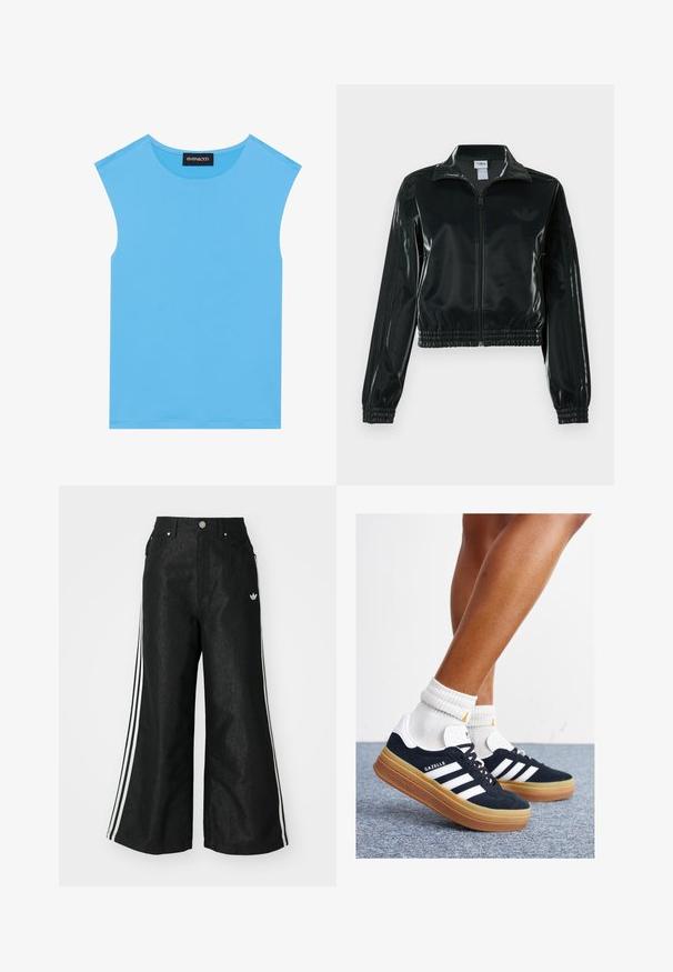 Chaqueta corta negra brillante con cremallera en el frente, cuello alto y dobladillo elástico. Presenta tres rayas en las mangas y un pequeño logo en el pecho.; Top sin mangas azul hecho de una tela suave, con un escote redondo y líneas limpias, sin adornos ni patrones adicionales.; Pantalones de denim anchos y negros con tres franjas blancas en cada lado y un pequeño logo blanco. Cuenta con bolsillos frontales y un cierre de botón.; Zapatillas deportivas de gamuza negra con rayas y detalles blancos, puntera redondeada, suela de goma color caramelo, combinadas con calcetines blancos acanalados a la altura del tobillo.