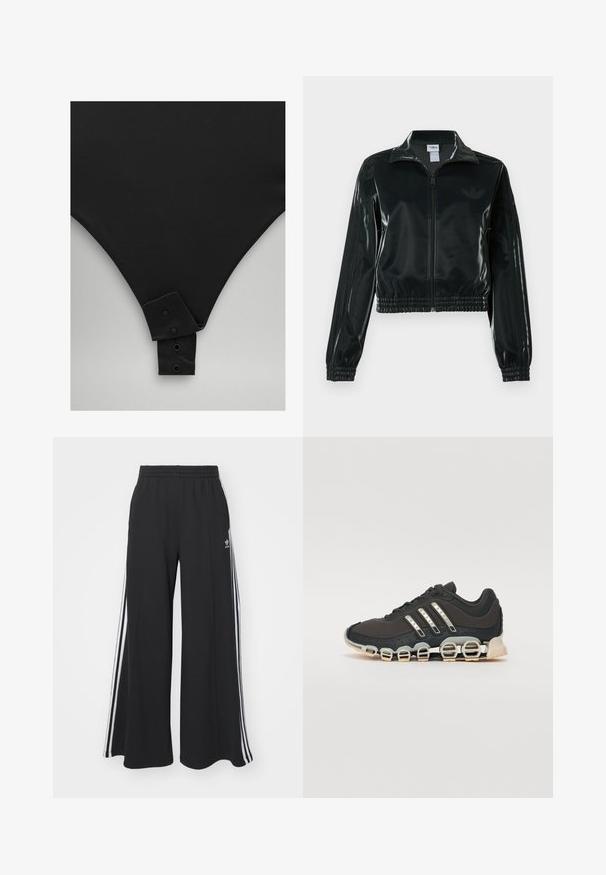 Zwarte glanzende cropped jas met een ritssluiting aan de voorkant, hoge kraag en elastische zoom. Voorzien van drie strepen op de mouwen en een klein logo op de borst.; Zwarte bodysuit met een gladde textuur, met een V-vormige halslijn en drukknoopsluiting onderaan. Eenvoudig, minimalistisch ontwerp.; Zwarte wijde sweatpants met een elastische tailleband, met witte zijstrepen en een geborduurd logo op de linker dij.; Zwarte sportschoen met een gestructureerde bovenkant, drie zilveren strepen en een kenmerkende dempingszool met meerdere geïntegreerde secties.