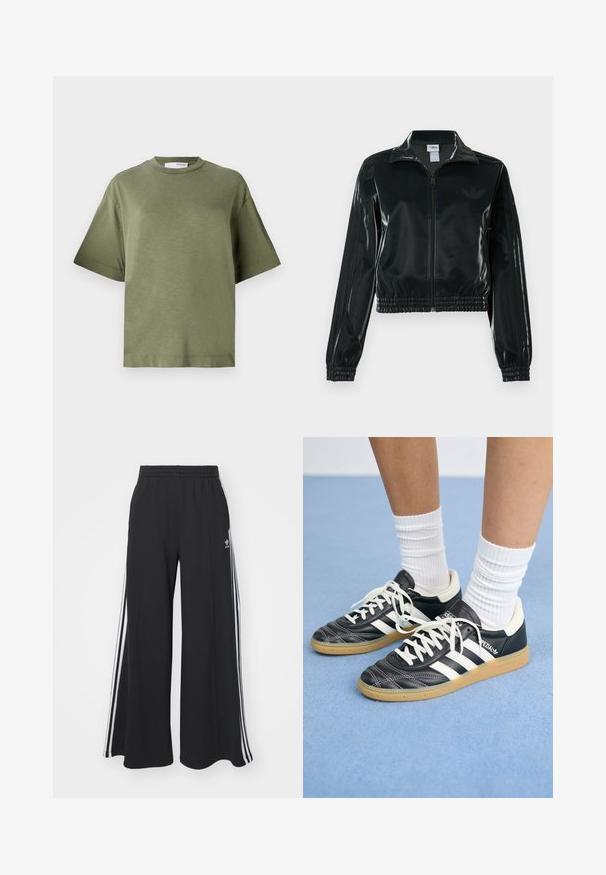Black glossy cropped jacket with a zip front, high collar, and elasticized hem. Features three stripes on sleeves and a small logo on the chest.; Olive green short-sleeve T-shirt, made of soft fabric with a relaxed fit, round neckline, and minimalistic design. No visible patterns.; Black wide-leg sweatpants with an elastic waistband, featuring white side stripes and an embroidered logo on the left thigh.; Black leather sneakers with white stripes, round toe, white laces, and gum rubber sole. Accentuated by padded collar and branding details.
