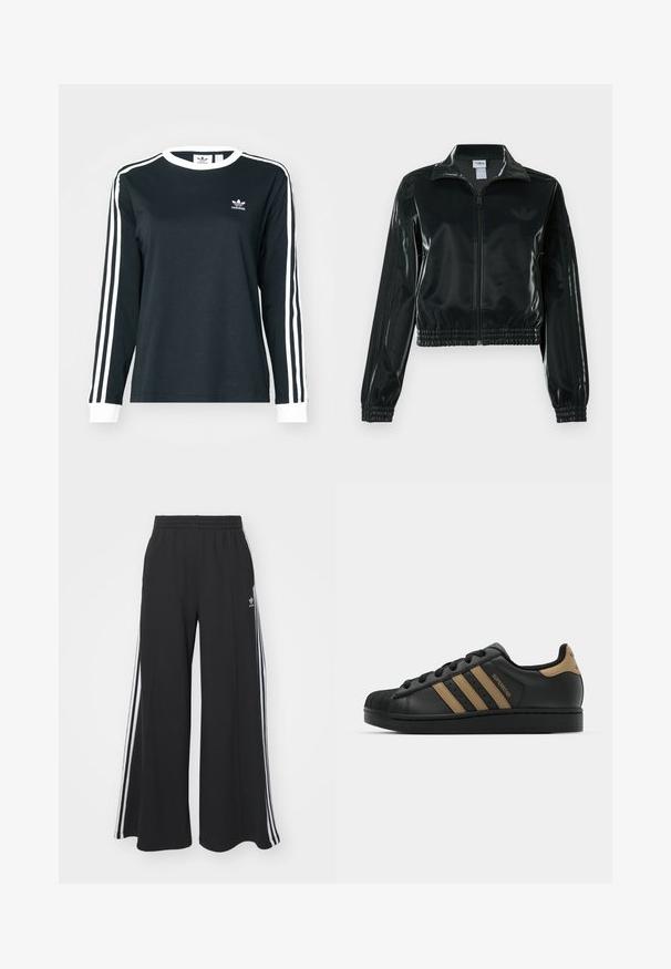 Casaco curto preto brilhante com fecho de correr frontal, gola alta e bainha elástica. Apresenta três riscas nas mangas e um pequeno logotipo no peito.; Camisa de mangas longas preta com detalhes brancos, apresentando um decote redondo e três riscas brancas em cada manga. Pequeno logótipo no peito.; Calças de suor largas e pretas com uma cintura elástica, apresentando riscas brancas nas laterais e um logótipo bordado na coxa esquerda.; Sapatilha de couro preta com três riscas castanhas, biqueira de borracha texturizada, sistema de atacadores, e sola plana preta. Apresenta um logotipo discreto no calcanhar.