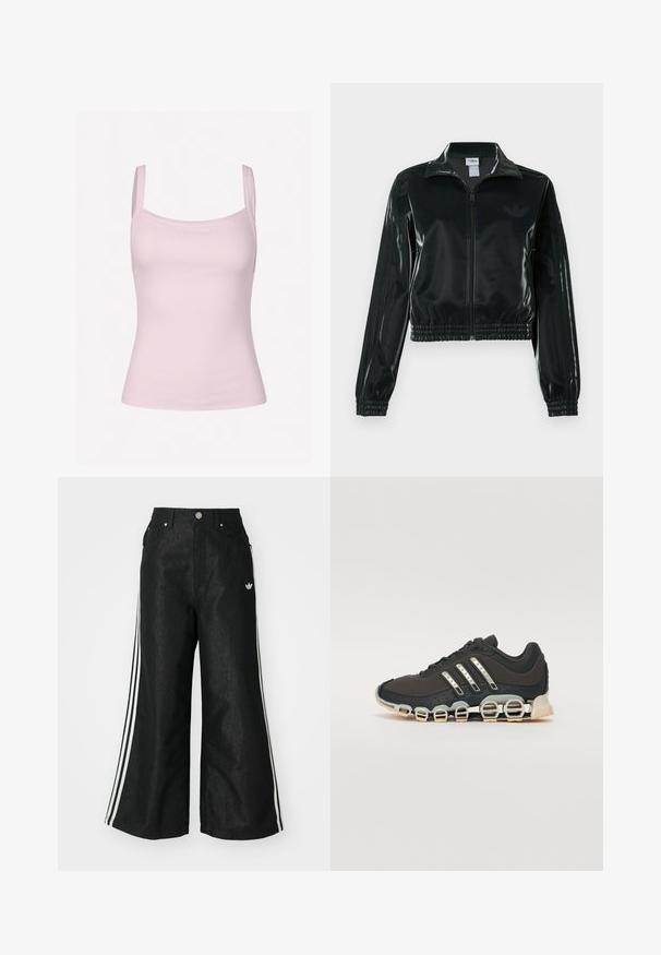 Black glossy cropped jacket with a zip front, high collar, and elasticized hem. Features three stripes on sleeves and a small logo on the chest.; Light pink ribbed tank top with thin straps, featuring a fitted design and smooth texture, suitable for layering or casual wear.; Black wide-leg denim pants with three white stripe accents on each side and a small white logo. Features front pockets and a button closure.; Black athletic shoe with a textured upper, three silver stripes, and a distinctive cushioning sole featuring multiple integrated sections.