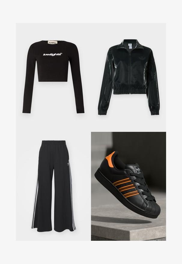 Sort blank cropped jakke med glidelås foran, høy krage og elastisk nederkant. Har tre striper på ermene og en liten logo på brystet.; Svart, kortermet langermet t-skjorte laget av bomull. Har mannsnakk og "lowlights"-logo i hvitt over brystet.; Svart vide joggebukser med elastisk midjebånd, med hvite sidestriper og brodert logo på venstre lår.; Svart sneaker med oransje detaljer, tre horisontale striper, teksturert skinnoverdel, gummitå, og svarte lisser.