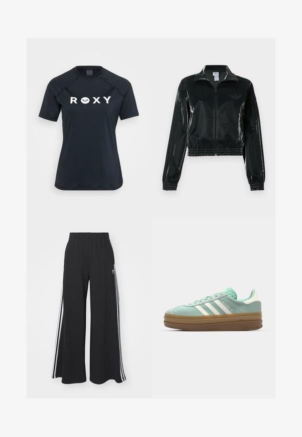 Melna spīdīga īsā jaka ar rāvējslēdzēja priekšpusi, augstu apkakli un elastīgu apakšu. Piedevas ir trīs svītras uz piedurknēm un neliels logotips uz krūtīm.; Melns īsām piedurknēm T-shirta ar elastīgu materiālu, kurai priekšpusē ir balta "ROXY" izpildījuma zīme un apaļa kakla dizains.; Melnas plašas sporta bikses ar elastīgu jostasvietu, kurām ir baltas sānu svītras un izšūts logo kreisajā augšstilbā.; adidas Originals GAZELLE BOLD - Sporta apavi - ash green/off white