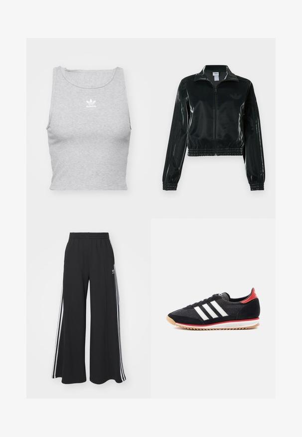 Musta kiiltävä lyhyt takki vetoketjulla, korkealla kauluksella ja joustavalla helmalla. Hihoissa on kolme raitaa ja rinnassa pieni logo.; Harmaa, hihaton crop top, joka on valmistettu pehmeästä kankaasta. Siinä on pyöreä kaula-aukko ja pieni valkoinen Adidas-logo rinnassa.; Mustat löysät verkkarit, joissa on joustava vyötärö, valkoiset sivuraidat ja brodeerattu logo vasemmassa reidessä.; Musta urheilukenkä, jossa valkoiset raidat, mokkanahkaiset yksityiskohdat ja punainen kantapää. Verkkomateriaali ja kumipohja, jossa vaaleanruskea kulutuspinta.