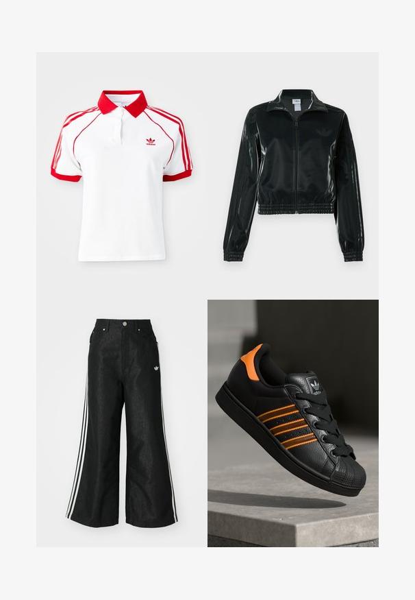 Casaco curto preto brilhante com fecho de correr frontal, gola alta e bainha elástica. Apresenta três riscas nas mangas e um pequeno logotipo no peito.; Camisola polo branca com colarinho vermelho e detalhes em vermelho com três riscas nos ombros. Possui placket de botões e um pequeno logotipo vermelho no peito.; Calças de denim largas pretas com três riscas brancas em cada lado e um pequeno logótipo branco. Apresenta bolsos frontais e um fecho de botão.; Sapatilha preta com detalhes laranja, três riscas horizontais, parte superior em couro texturizado, bico de borracha e atacadores pretos.