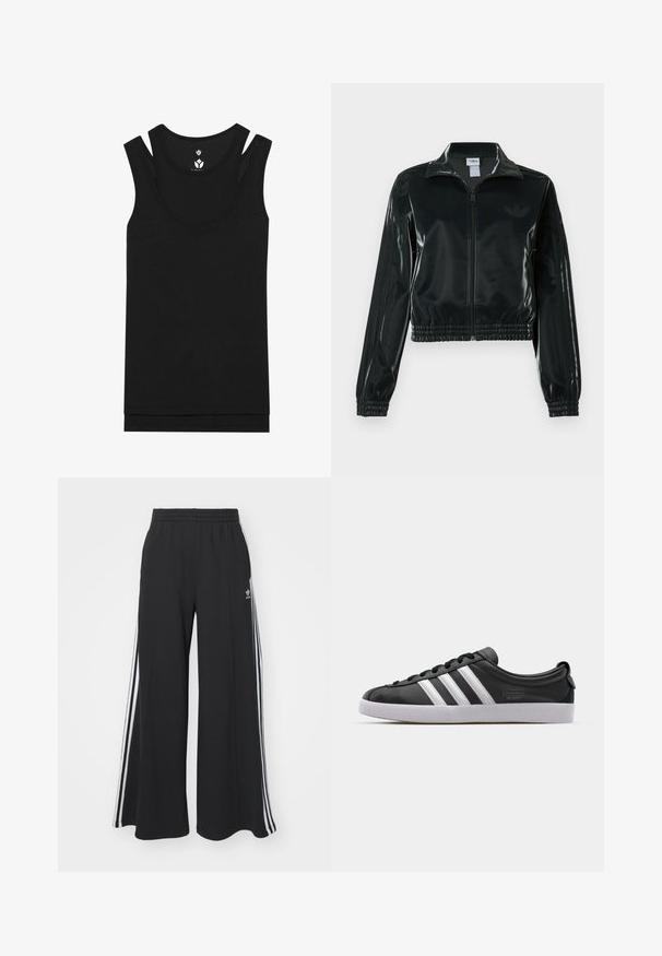 Sort blank cropped jakke med glidelås foran, høy krage og elastisk nederkant. Har tre striper på ermene og en liten logo på brystet.; Svart tank topp med rund hals og dobbelt stroppdesign. Laget av ribbestrikket stoff med en glatt tekstur, har en rett kant.; Svart vide joggebukser med elastisk midjebånd, med hvite sidestriper og brodert logo på venstre lår.; Svart lær sneakers med hvit tre-stripes design, rund tå, flat hvit gummisåle og merkevaredetalj på siden.