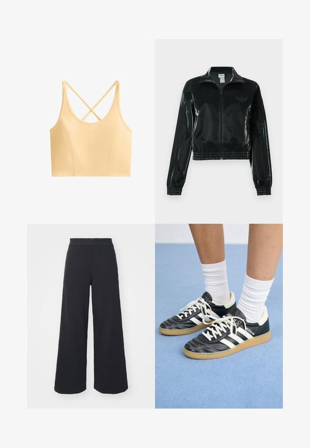 Svart glansig kort jacka med dragkedja framtill, hög krage och elastisk nederkant. Har tre ränder på ärmarna och en liten logga på bröstet.; OYSHO EVERMOVE - Linne - yellow; Svarta vida sweatpants tillverkade av mjukt tyg, med ett elastiskt midjeband och en liten logotyp på vänster sida.; Svarta lädersneakers med vita ränder, rund tå, vita snören och sula av gummirubber. Betonar en vadderad krage och varumärkesdetaljer.