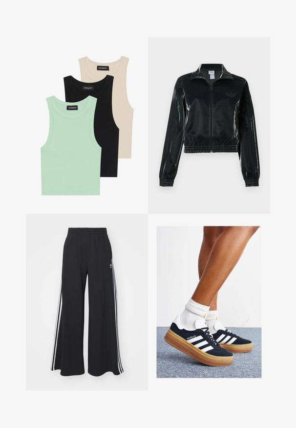 Black glossy cropped jacket with a zip front, high collar, and elasticized hem. Features three stripes on sleeves and a small logo on the chest.; Three tank tops in mint green, black, and beige; made of ribbed fabric with a round neckline and no sleeves. Brand label visible.; Black wide-leg sweatpants with an elastic waistband, featuring white side stripes and an embroidered logo on the left thigh.; Black suede sneakers with white stripes and accents, rounded toe, gum rubber outsole, paired with white ribbed crew socks.