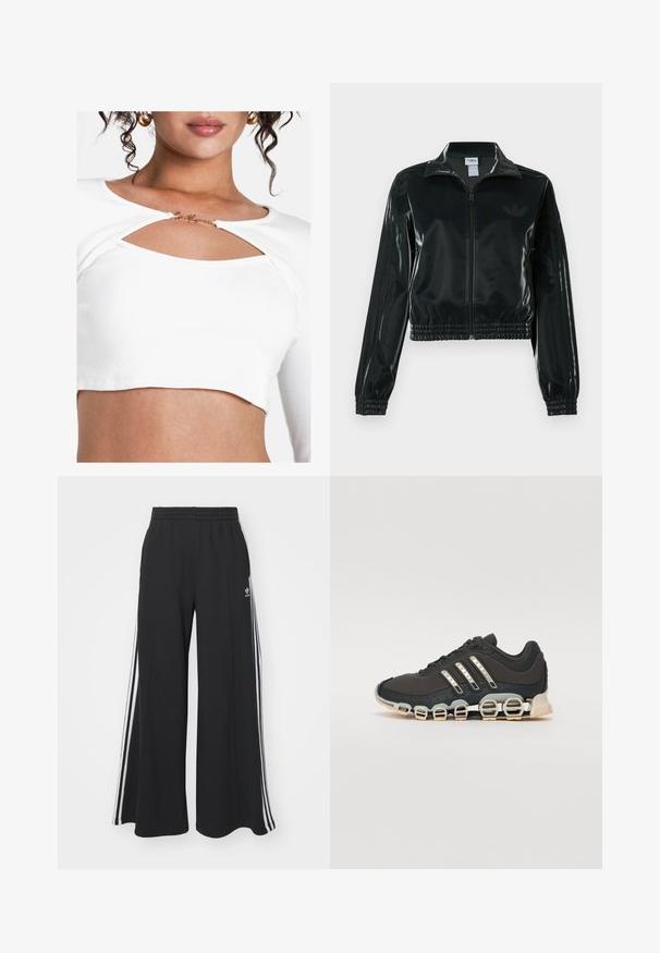Sort, glinsende cropped jakke med lynlås foran, høj krave og elastisk kant. Har tre striber på ærmerne og et lille logo på brystet.; Hvid ribbet crop top med en udskæringsdesign ved brystet og en gylden detalje. Stoffet har en glat tekstur og en tætsiddende pasform.; Sorte brede sweatpants med elastisk talje, med hvide sidelommer og et broderet logo på venstre lår.; Sort træningssko med en tekstureret overdel, tre sølvstriber og en karakteristisk støttende sål med flere integrerede sektioner.