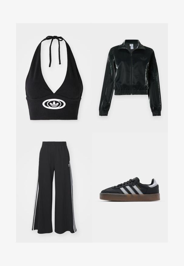 Črno, sijočo kratko jakno z zadrgo spredaj, visokim ovratnikom in elastičnim spodnjim robom. Na rokavih so tri črte, na prsih pa majhen logotip.; Črn halter top iz rebraste tkanine, z globokim V-izrezom in osrednjim belim logotipom s tremi črtami. Zavezuje se okoli vratu.; Črne široke trenirke z elastičnim pasom, ki imajo bele stranske proge in vezeno logo na levi stegna.; Črne teniske s elegantnim dizajnom, ki imajo tri bele črte, črn jezik in teksturiran rjav gumijast podplat. Akcenti z zlatim napisom.