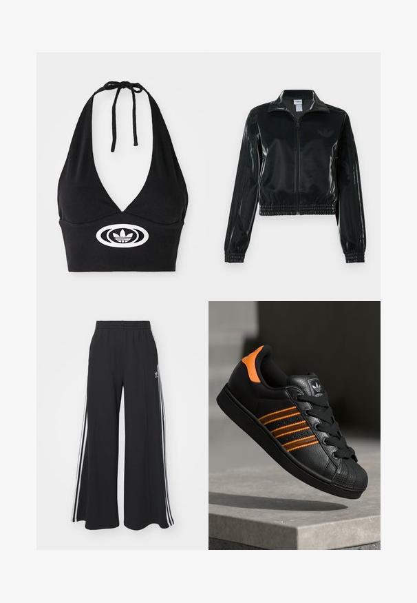 Casaco curto preto brilhante com fecho de correr frontal, gola alta e bainha elástica. Apresenta três riscas nas mangas e um pequeno logotipo no peito.; Top halter preto feito de tecido canelado, apresentando um decote em V profundo e um logo branco centralizado com três riscas. Amarração no pescoço.; Calças de suor largas e pretas com uma cintura elástica, apresentando riscas brancas nas laterais e um logótipo bordado na coxa esquerda.; Sapatilha preta com detalhes laranja, três riscas horizontais, parte superior em couro texturizado, bico de borracha e atacadores pretos.
