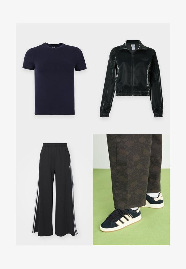 Casaco curto preto brilhante com fecho de correr frontal, gola alta e bainha elástica. Apresenta três riscas nas mangas e um pequeno logotipo no peito.; T-shirt de gola redonda azul marinho feito de tecido de algodão suave, com mangas curtas e um corte regular. Design simples e liso, sem padrões.; Calças de suor largas e pretas com uma cintura elástica, apresentando riscas brancas nas laterais e um logótipo bordado na coxa esquerda.; Calças pretas com padrão, combinadas com ténis de camurça azul-marinho com riscas creme e solas brancas. As superfícies mostradas são texturizadas e planas.