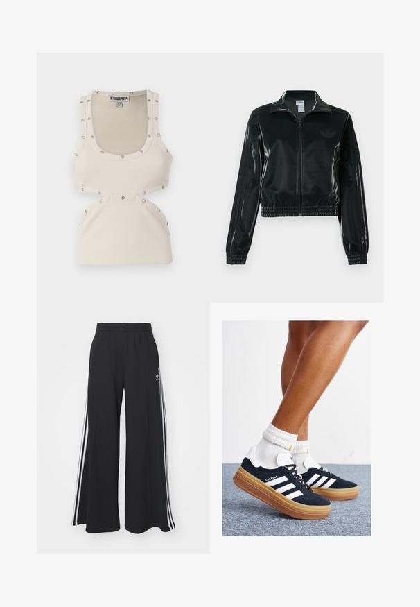 Black glossy cropped jacket with a zip front, high collar, and elasticized hem. Features three stripes on sleeves and a small logo on the chest.; White ribbed tank top with a fitted design, featuring silver snap accents along the shoulders and cut-out detailing at the waist.; Black wide-leg sweatpants with an elastic waistband, featuring white side stripes and an embroidered logo on the left thigh.; Black suede sneakers with white stripes and accents, rounded toe, gum rubber outsole, paired with white ribbed crew socks.