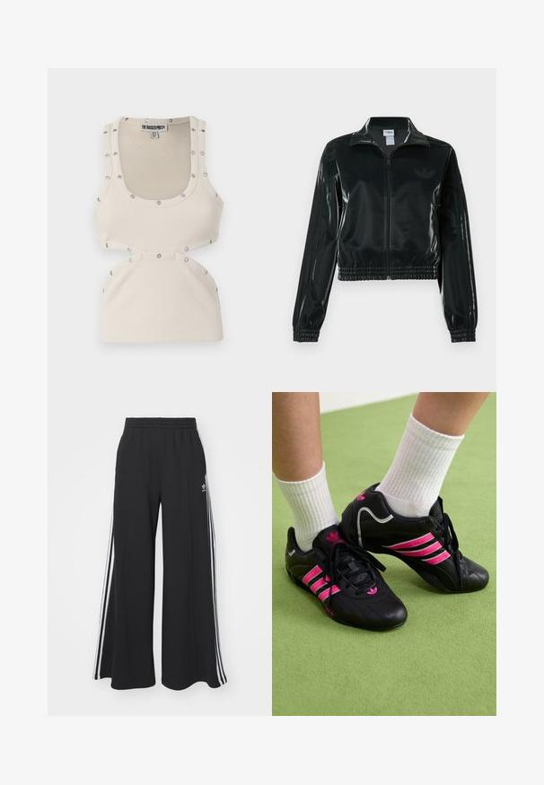 Chaqueta corta negra brillante con cremallera en el frente, cuello alto y dobladillo elástico. Presenta tres rayas en las mangas y un pequeño logo en el pecho.; Top sin mangas blanco de canalé con un diseño ajustado, que presenta detalles en plateado a lo largo de los hombros y aberturas en la cintura.; Pantalones de chándal negros de pierna ancha con una cinturilla elástica, que presentan franjas blancas a los lados y un logo bordado en el muslo izquierdo.; Zapatillas deportivas negras con tres franjas rosas, parte superior de cuero texturizado, cordones negros y detalle del logo, combinadas con calcetines blancos acanalados sobre una superficie verde.