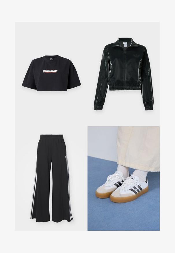 Musta kiiltävä lyhyt takki vetoketjulla, korkealla kauluksella ja joustavalla helmalla. Hihoissa on kolme raitaa ja rinnassa pieni logo.; Mustapaita, lyhyet hihat, tehty puuvillasta. Edessä on valkoisella ja punaisella "Quiksilver Boarding Company" -logo.; Mustat löysät verkkarit, joissa on joustava vyötärö, valkoiset sivuraidat ja brodeerattu logo vasemmassa reidessä.; Valkoiset tennis kengät, joissa on mustia raitoja ja vaaleanruskeita mokka-yksityiskohtia. Varustettuna textuurilla varustetulla kumipohjalla ja tasaisilla valkoisilla kengännauhoilla, käytetään vaaleiden sukkien kanssa.