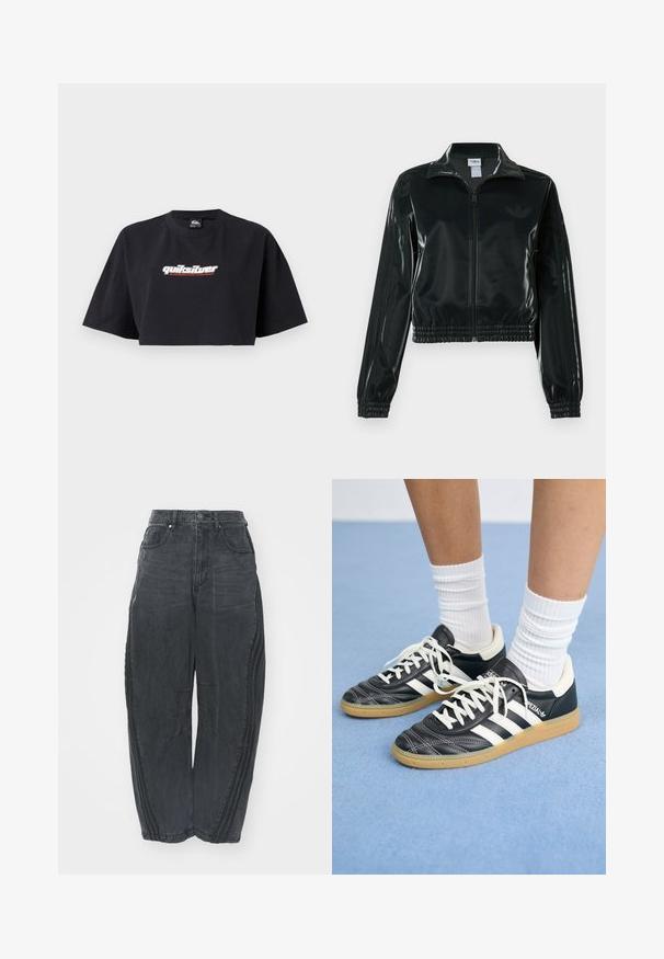 Black glossy cropped jacket with a zip front, high collar, and elasticized hem. Features three stripes on sleeves and a small logo on the chest.; Black crop top t-shirt, short sleeves, made of cotton. Front displays "Quiksilver Boarding Company" logo in white and red.; Baggy black denim jeans with a faded finish, five pockets, a waist button closure, and stitched detailing on the front and sides.; Black leather sneakers with white stripes, round toe, white laces, and gum rubber sole. Accentuated by padded collar and branding details.