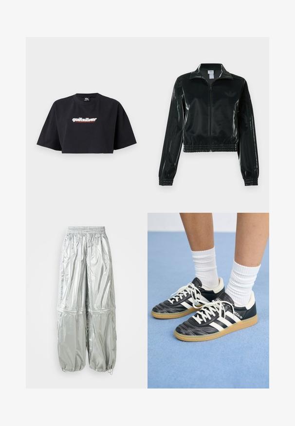 Casaco curto preto brilhante com fecho de correr frontal, gola alta e bainha elástica. Apresenta três riscas nas mangas e um pequeno logotipo no peito.; Camiseta crop top preta, de manga curta, feita de algodão. A parte da frente exibe o logo "Quiksilver Boarding Company" em branco e vermelho.; Calças cargo leves prateadas com um tom brilhante, faixa elástica na cintura, punhos franzidos e dois grandes bolsos frontais.; Sapatilhas de couro preto com riscas brancas, biqueira redonda, atacadores brancos e sola de borracha de goma. Destacadas pelo colarinho acolchoado e detalhes de marca.