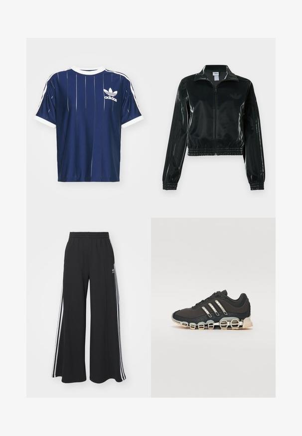 Crna sjajna kratka jakna s patentnim zatvaračem sprijeda, visokim ovratnikom i porubom s elastikom. Na rukavima ima tri pruge i mali logo na prsima.; adidas Originals 3 S TEE - Majica kratkih rukava s printom - dark blue; Crne široke trenirke s elastičnim pojasom, s bijelim bočnim trakama i izvezenim logom na lijevom bedru.; Crne atletske tenisice s teksturiranim gornjim dijelom, tri srebrne pruge i posebnim potplatom s višestrukim integriranim sekcijama.