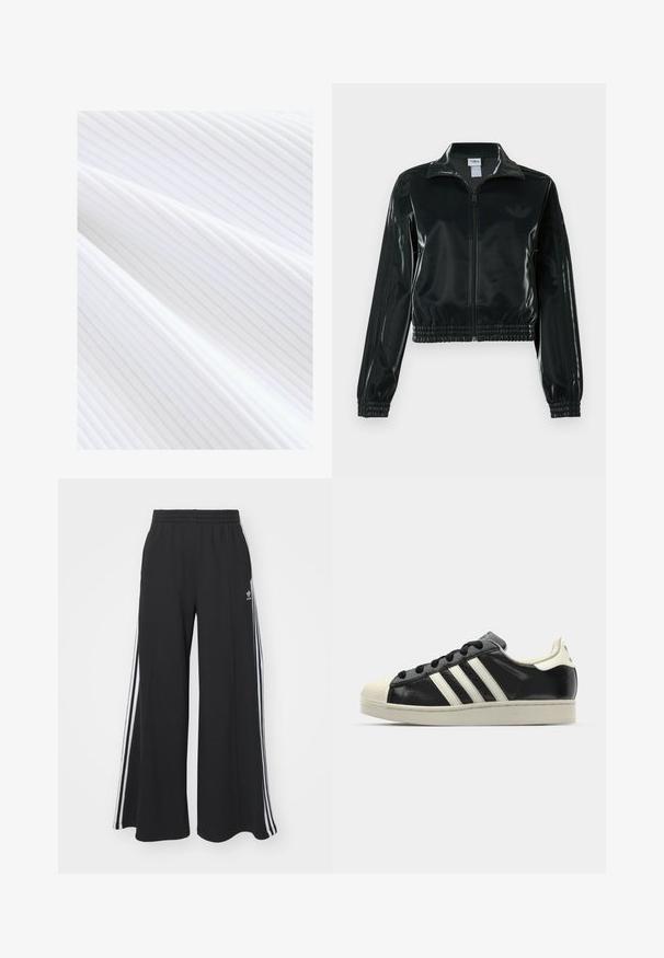 Jachetă neagră lucioasă, scurtă, cu fermoar frontal, guler înalt și tiv elastic. Are trei dungi pe mâneci și un mic logo pe piept.; Textil alb cu nervuri, având linii verticale fine și o textură netedă, căzând în pliuri delicate.; Pantaloni de trening negri cu croială largă, prevăzuți cu un brâu elastic, având dungi laterale albe și un logo brodat pe coapsa stângă.; Sneaker din piele neagră cu dungi albe, vârf din cauciuc, șireturi negre și talpă de culoare crem. Textură netedă cu finisaj strălucitor.