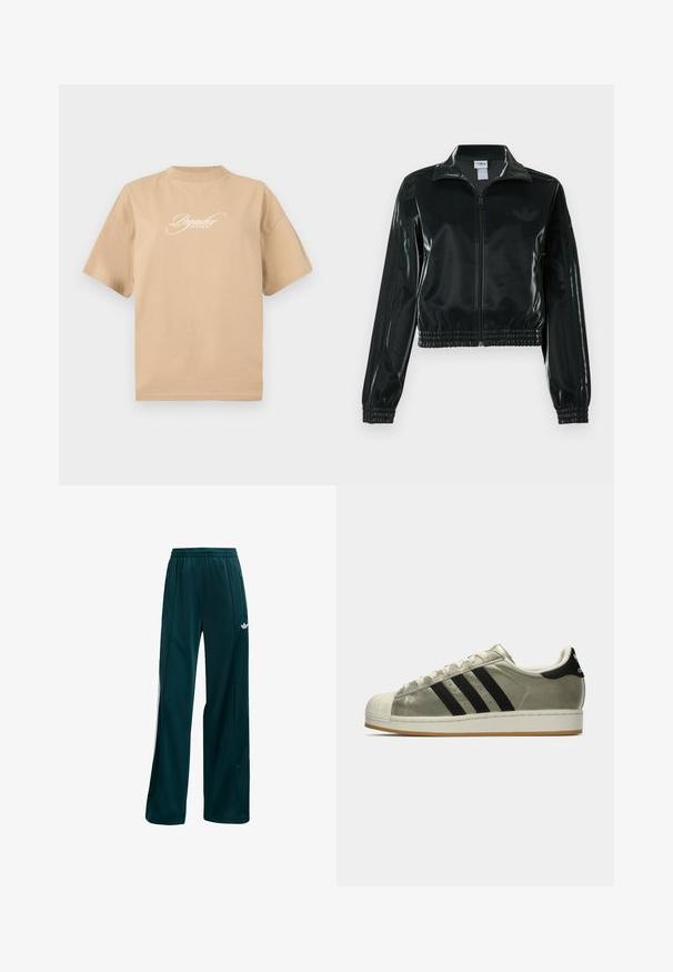 Fekete, fényes rövidített dzseki cipzárral az elején, magas gallérral és elasztikus szegéllyel. Három csík díszíti az ujjakat, és kis logó található a mellrészen.; Beige színű rövid ujjú pamut póló, kerek nyakkivágással, elöl fehér írásos szöveggel: "Pegador Álmok Valóra Válnak."; Sötét téglzöld sportnadrág, könnyű anyagból készült, egyszerű dizájnnal, rugalmas derékkal és fehér oldal dekorral.; Fémes olíva zöld felsőrésszel rendelkező Adidas sportcipők, három fekete csíkkal, gumírozott orral és gumi talppal. Klasszikus dizájn texturált anyagból.