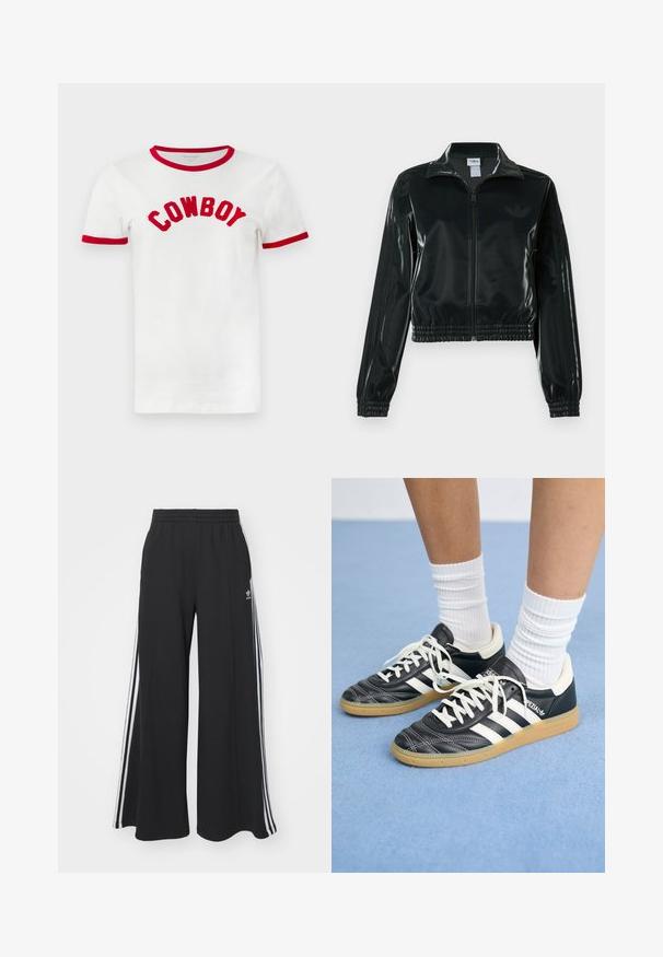 Must läikiv lühike jakk lukuga esiküljel, kõrge krae ja elastse äärega. Varrukatel on kolm triipu ja rinnal väike logo.; Valge puuvillane T-särk punase ääre ja varrukatega. Rinnal on bold'iga punased tikitud tähtedega kirjas "COWBOY".; Mustad laiad trenni püksid elastse vöökohtaga, millel on valged küljeribad ja tikitud logo vasakul reiel.; Mustad nahast tennisetossud valgete triipudega, ümar nina, valged paelad ja kummist tallad. Esiletõstetud pehmendatud krae ja brändingu detailid.