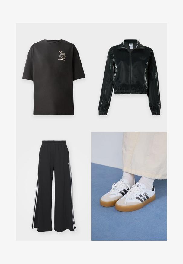 Casaco curto preto brilhante com fecho de correr frontal, gola alta e bainha elástica. Apresenta três riscas nas mangas e um pequeno logotipo no peito.; T-shirt preto de manga curta com um pequeno logótipo e gráfico branco da Billabong no peito. Feito de algodão macio com um corte descontraído.; Calças de suor largas e pretas com uma cintura elástica, apresentando riscas brancas nas laterais e um logótipo bordado na coxa esquerda.; Ténis brancos com riscas pretas e detalhes em camurça bege. Apresentam uma sola de borracha texturizada e atacadores brancos lisos, usados com meias de tom claro.