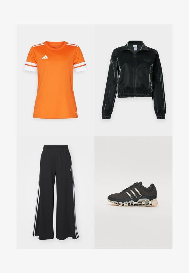 Juoda blizgi trumpa striukė su užtrauktuku priekyje, aukštu apykakliu ir elastine apačia. Rankovėse trys dryžiai ir mažas logotipas ant krūtinės.; Oranžinė sportinė marškinėlė su baltais ir oranžiniais juostelėmis ant rankovių, pagaminta iš glotnaus audinio. Krūtinėje yra balta Adidas logotipas.; Juodos plačios kojų džinsinės kelnės su elastingu juosmeniu, turinčios baltas šonines juosteles ir išsiuvinėtą logotipą kairiajame šlaunyje.; Juodos sportinės avalynės su tekstūruotu viršumi, trimis sidabro juostomis ir išskirtiniu amortizuojančiu padu, turinčiu kelias integruotas dalis.