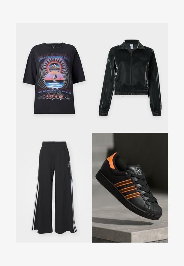 Must läikiv lühike jakk lukuga esiküljel, kõrge krae ja elastse äärega. Varrukatel on kolm triipu ja rinnal väike logo.; Mustus üle mõõtu T-särk, millel on värvikas graafiline disain, kus on kujutatud mägesid, päikest ja veekomponente. Tekst sisaldab "Billabong World Tour 1973."; Mustad laiad trenni püksid elastse vöökohtaga, millel on valged küljeribad ja tikitud logo vasakul reiel.; Mustad mustad mustad oranzhides üksikasjad, kolm horisontaalset triipu, tekstureeritud nahk pealisosa, kummist varbaosa ja mustad paelad.