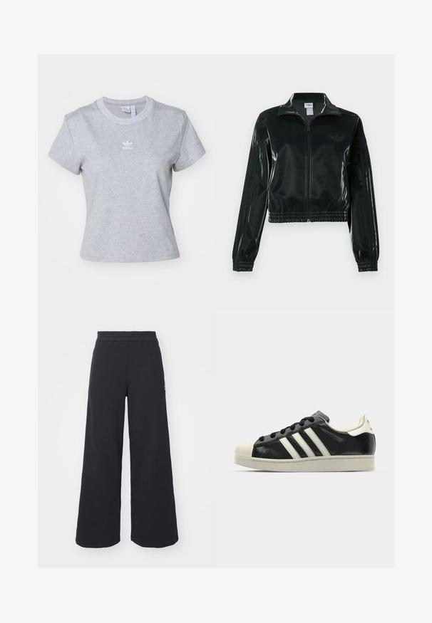 Sort blank cropped jakke med glidelås foran, høy krage og elastisk nederkant. Har tre striper på ermene og en liten logo på brystet.; adidas Originals ESS SLIM - T-shirts - medium grey heather; Svart bukse med vid benvidde laget av myk stoff, med elastisk midjebånd og en liten logo på venstre side.; Svarte skinnsneakers med hvite striper, gummitopp, svarte lisser og en kremfarget såle. Glatt tekstur med blank finish.