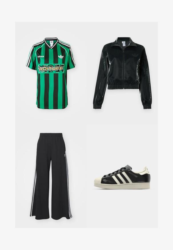 Melna spīdīga īsā jaka ar rāvējslēdzēja priekšpusi, augstu apkakli un elastīgu apakšu. Piedevas ir trīs svītras uz piedurknēm un neliels logotips uz krūtīm.; Zaļš un melns svītrains džersijs, izgatavots no viegla auduma, ar V formas kakla izgriezumu, īsām piedurknēm un "ADITUFF" logo centrā.; Melnas plašas sporta bikses ar elastīgu jostasvietu, kurām ir baltas sānu svītras un izšūts logo kreisajā augšstilbā.; Melna ādas sporta apava ar baltām svītrām, gumijas purngala aizsardzību, melnām auklām un krēma krāsas zoli. Gluda tekstūra ar spīdīgu apdari.