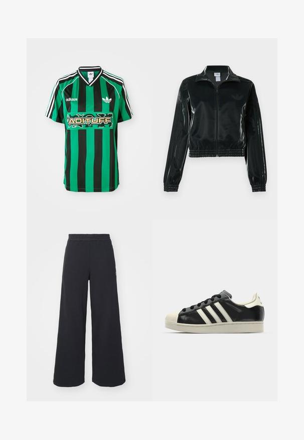 Jachetă neagră lucioasă, scurtă, cu fermoar frontal, guler înalt și tiv elastic. Are trei dungi pe mâneci și un mic logo pe piept.; Jersey cu dungi verzi și negre, realizat dintr-un material ușor, având guler în V, mâneci scurte și un logo "ADITUFF" în centrul său.; Pantaloni de trening negri, cu picioare largi, confecționați dintr-un material moale, având un talie elastică și un logo mic pe partea stângă.; Sneaker din piele neagră cu dungi albe, vârf din cauciuc, șireturi negre și talpă de culoare crem. Textură netedă cu finisaj strălucitor.