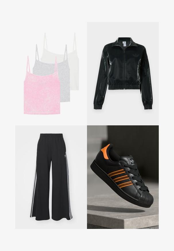 Must läikiv lühike jakk lukuga esiküljel, kõrge krae ja elastse äärega. Varrukatel on kolm triipu ja rinnal väike logo.; Kollektsioon kolme lõhkemehiga särkidest roosa, halli ja valge värviga. Valmistatud ribakujulisest kangast ja õhukestest rihmadest. Iga särgi kaelus on ümmargune.; Mustad laiad trenni püksid elastse vöökohtaga, millel on valged küljeribad ja tikitud logo vasakul reiel.; Mustad mustad mustad oranzhides üksikasjad, kolm horisontaalset triipu, tekstureeritud nahk pealisosa, kummist varbaosa ja mustad paelad.