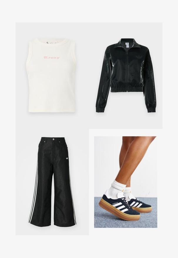 Giacca nera lucida corta con zip frontale, colletto alto e orlo elasticizzato. Presenta tre strisce sulle maniche e un piccolo logo sul petto.; Canotta bianca a coste con scollo tondo e un piccolo logo rosa "Roxy" sul petto. Texture liscia, design aderente, senza maniche.; Pantaloni in denim neri a gamba larga con tre strisce bianche su ciascun lato e un piccolo logo bianco. Presentano tasche frontali e chiusura con bottone.; Sneakers in pelle scamosciata nera con strisce e dettagli bianchi, punta arrotondata, suola in gomma color gomme, abbinate a calzini bianchi a coste alla caviglia.