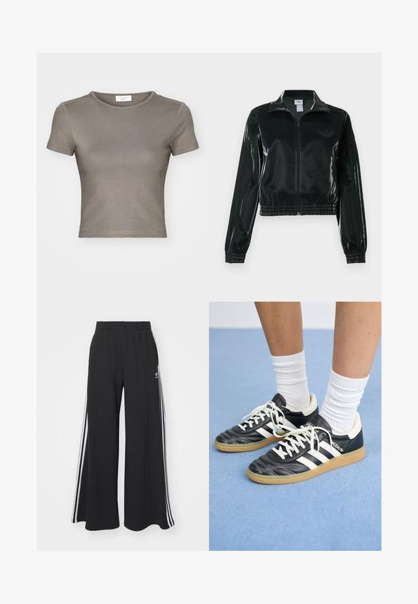 Must läikiv lühike jakk lukuga esiküljel, kõrge krae ja elastse äärega. Varrukatel on kolm triipu ja rinnal väike logo.; Lühikeste varrukatega, ümar kaelusega T-särk taupe värvuses, valmistatud siledast puuvillast. Omab istuvat disaini ning peeneid õmblusi hemmi ja varrukate ääres.; Mustad laiad trenni püksid elastse vöökohtaga, millel on valged küljeribad ja tikitud logo vasakul reiel.; Mustad nahast tennisetossud valgete triipudega, ümar nina, valged paelad ja kummist tallad. Esiletõstetud pehmendatud krae ja brändingu detailid.