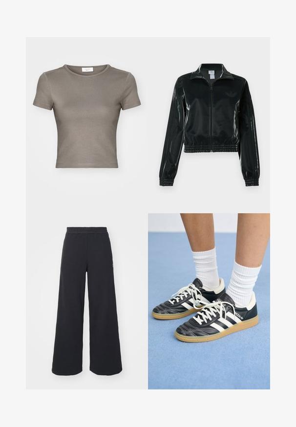 Black glossy cropped jacket with a zip front, high collar, and elasticized hem. Features three stripes on sleeves and a small logo on the chest.; Short-sleeve, crew-neck T-shirt in taupe, made from smooth cotton. Features a fitted design and fine stitching along the hem and sleeves.; Black wide-leg sweatpants made from soft fabric, featuring an elastic waistband and a small logo on the left side.; Black leather sneakers with white stripes, round toe, white laces, and gum rubber sole. Accentuated by padded collar and branding details.