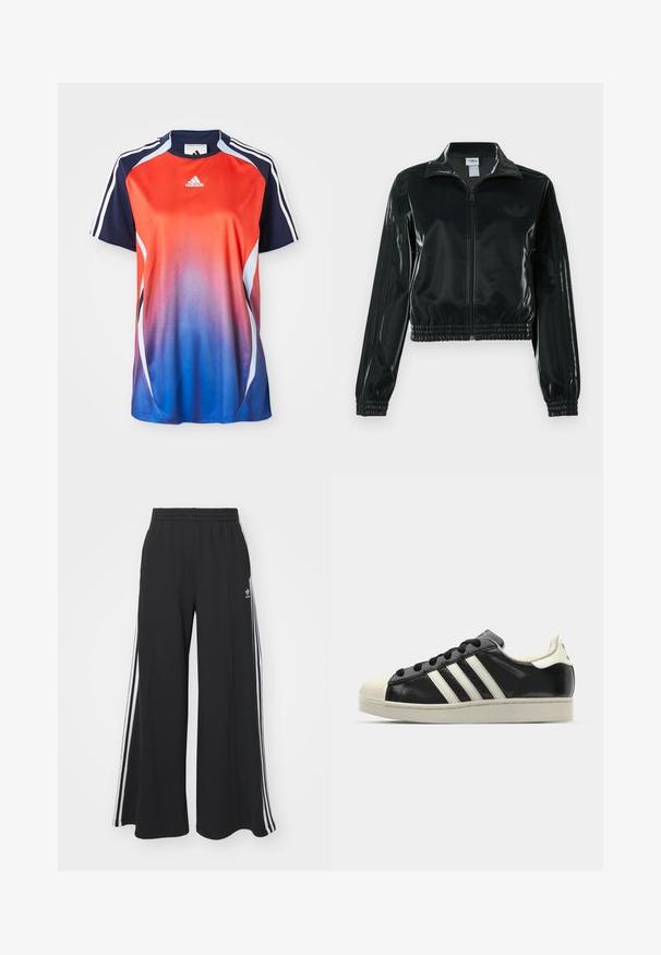 Casaco curto preto brilhante com fecho de correr frontal, gola alta e bainha elástica. Apresenta três riscas nas mangas e um pequeno logotipo no peito.; Camisola esportiva de manga curta da Adidas com um degradê que vai de vermelho a azul, com detalhes em azul-marinho e riscas brancas ao longo dos ombros.; Calças de suor largas e pretas com uma cintura elástica, apresentando riscas brancas nas laterais e um logótipo bordado na coxa esquerda.; Sapatilha de couro preto com riscas brancas, biqueira de borracha, atacadores pretos e sola na cor creme. Textura suave com acabamento brilhante.