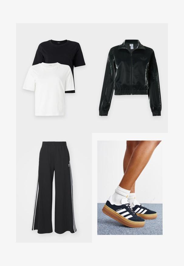 Črno, sijočo kratko jakno z zadrgo spredaj, visokim ovratnikom in elastičnim spodnjim robom. Na rokavih so tri črte, na prsih pa majhen logotip.; Črno-bele bombažne majice. Okrogli izrez, kratki rokavi, sproščen kroj. Črna majica je prikazana nad belo majico.; Črne široke trenirke z elastičnim pasom, ki imajo bele stranske proge in vezeno logo na levi stegna.; Črni antilop superge z belimi črtami in poudarki, okrogel prst, gumijasti podplat, kombinirane z belimi rebrastimi nogavicami.