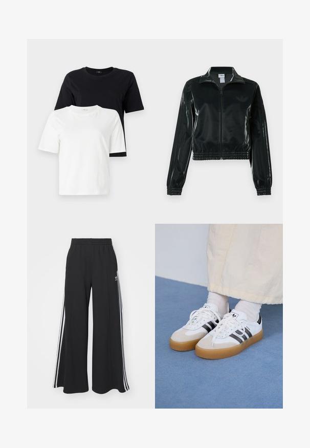 Black glossy cropped jacket with a zip front, high collar, and elasticized hem. Features three stripes on sleeves and a small logo on the chest.; Black and white cotton T-shirts. Round neck, short sleeves, relaxed fit. The black shirt is displayed above the white shirt.; Black wide-leg sweatpants with an elastic waistband, featuring white side stripes and an embroidered logo on the left thigh.; White sneakers with black stripes and beige suede accents. Feature a textured gum sole and flat white laces, worn with light-colored socks.