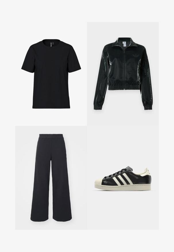 Črno, sijočo kratko jakno z zadrgo spredaj, visokim ovratnikom in elastičnim spodnjim robom. Na rokavih so tri črte, na prsih pa majhen logotip.; Črna kratkodlaka majica s kratkimi rokavi, izdelana iz mehkega blaga in z okroglim izrezom. Enostaven dizajn brez vzorcev ali dodatkov, ravna kroj na robu.; Črne široke trenirke iz mehkega blaga, z elastičnim pasom in majhnim logotipom na levi strani.; Črne usnjene superge z belimi črtami, gumijastim pokrovom za prste, črnimi vezalkami in kremasto obrobo podplata. Gladka tekstura z sijočim zaključkom.
