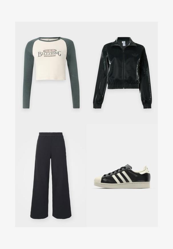 Melna spīdīga īsā jaka ar rāvējslēdzēja priekšpusi, augstu apkakli un elastīgu apakšu. Piedevas ir trīs svītras uz piedurknēm un neliels logotips uz krūtīm.; Iespiesta garenā piedurkņu krekls ar krēmkrāsas ķermeni un tumši zaļām raglāna piedurknēm. Uzbūvēts ar klasisko Billabong logotipu, kas iespiests priekšpusē.; Melni platās svārku bikses, izgatavotas no mīksta auduma, ar elastīgu jostas daļu un mazu logotipu kreisajā pusē.; Melna ādas sporta apava ar baltām svītrām, gumijas purngala aizsardzību, melnām auklām un krēma krāsas zoli. Gluda tekstūra ar spīdīgu apdari.