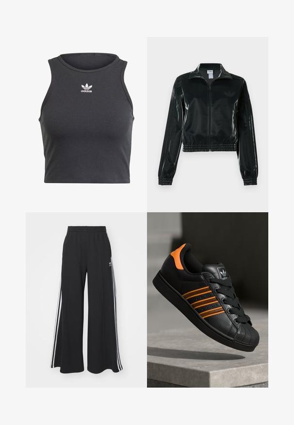 Černá lesklá zkrácená bunda se zipem vpředu, vysokým límcem a elastickým lemem. Má tři pruhy na rukávech a malé logo na hrudi.; Černý žebrovaný crop top s kulatým výstřihem, na hrudi s bílým logem Adidas. Vyrobeno z elastického materiálu pro pohodlí.; Černé pohodlné tepláky širokého střihu s elastickým pasem, na boční straně s bílými pruhy a vyšitým logem na levé stehně.; Černé tenisky s oranžovými akcenty, třemi horizontálními pruhy, texturovaným koženým svrškem, gumovou špicí a černými tkaničkami.