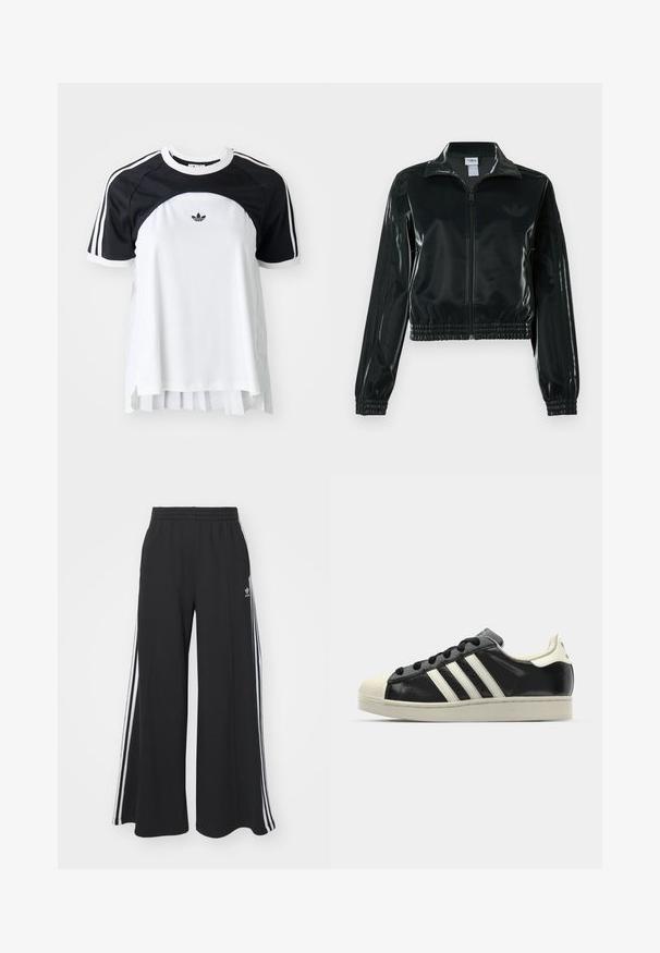 Fekete, fényes rövidített dzseki cipzárral az elején, magas gallérral és elasztikus szegéllyel. Három csík díszíti az ujjakat, és kis logó található a mellrészen.; Fehér-fekete rövid ujjú sportpóló, kerek nyakkivágással, három csíkkal a vállakon és Adidas logóval a mellrészen.; Fekete, bő szárú melegítőnadrág, rugalmas derékkal, fehér oldalsávokkal és hímzett logóval a bal combon.; Fekete bőrsneaker fehér csíkokkal, gumírozott orral, fekete fűzővel és krém színű talppal. Simaság és fényes felület jellemzi.