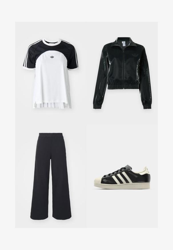 Schwarze glänzende, kurz geschnittene Jacke mit Reißverschluss vorne, hohem Kragen und elastischem Saum. Verfügt über drei Streifen an den Ärmeln und ein kleines Logo auf der Brust.; Kurzarm-T-Shirt mit schwarzem Oberteil und weißem Körper, ausgestattet mit drei Streifen an den Schultern und einem plissierten unteren Saum. Adidas-Logo auf der Brust.; Schwarze weite Sweatpants aus weichem Material, mit einem elastischen Taillenbund und einem kleinen Logo auf der linken Seite.; Schwarze Ledersneaker mit weißen Streifen, Gummikappe, schwarzen Schnürsenkeln und einer cremefarbenen Sohle. Glatte Textur mit glänzender Oberfläche.