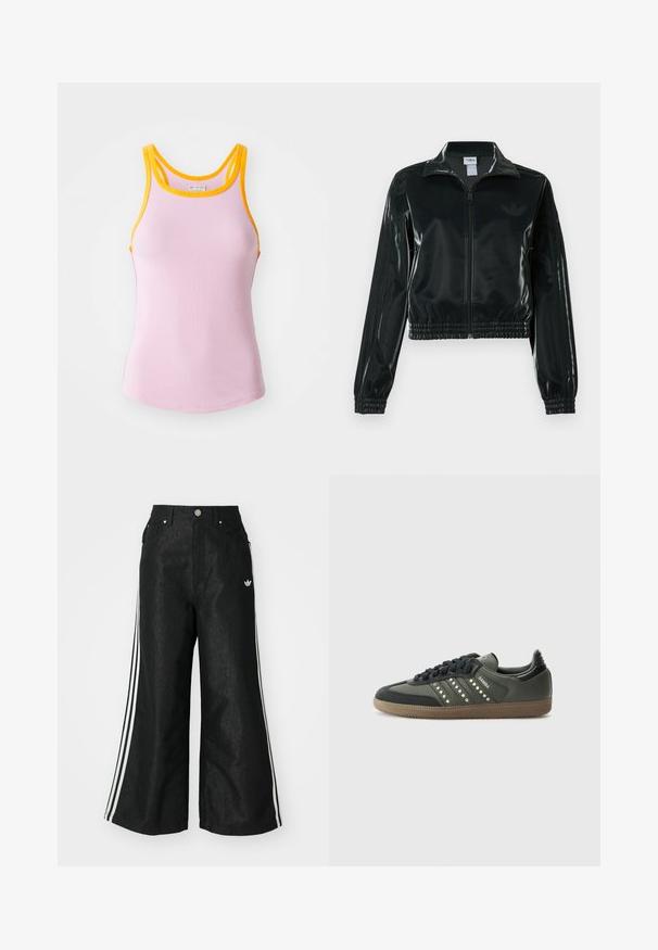 Black glossy cropped jacket with a zip front, high collar, and elasticized hem. Features three stripes on sleeves and a small logo on the chest.; Pink ribbed tank top with yellow trim, featuring a fitted design and racerback style. Soft texture with subtle stretch for comfort.; Black wide-leg denim pants with three white stripe accents on each side and a small white logo. Features front pockets and a button closure.; adidas Originals SAMBA OG - Trainers - core black/legend earth/gum