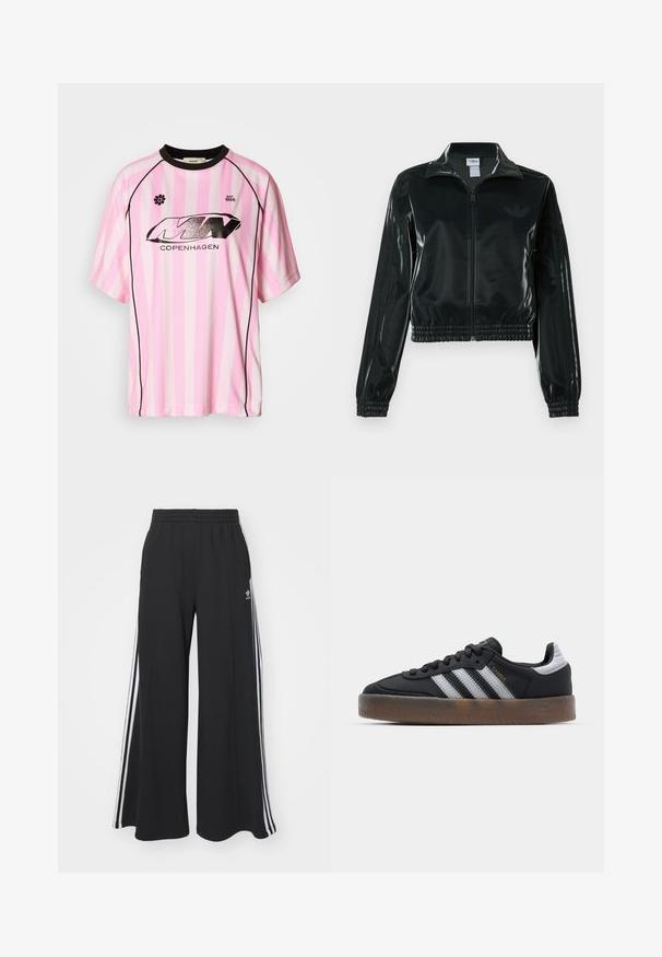 Schwarze glänzende, kurz geschnittene Jacke mit Reißverschluss vorne, hohem Kragen und elastischem Saum. Verfügt über drei Streifen an den Ärmeln und ein kleines Logo auf der Brust.; Pink und weiß gestreiftes Kurzarm-Jersey mit schwarzen Akzenten, das ein glänzendes schwarzes Logo mit der Aufschrift "KOPENHAGEN" und einem Blümchenemblem zeigt.; Schwarze weite Sweatpants mit elastischem Bund, versehen mit weißen Seitestreifen und einem gestickten Logo auf dem linken Oberschenkel.; Schwarze Sneakers mit einem schlanken Design, versehen mit drei weißen Streifen, einer schwarzen Zunge und einer strukturierten braunen Gummisohle. Akzente mit goldener Schrift.