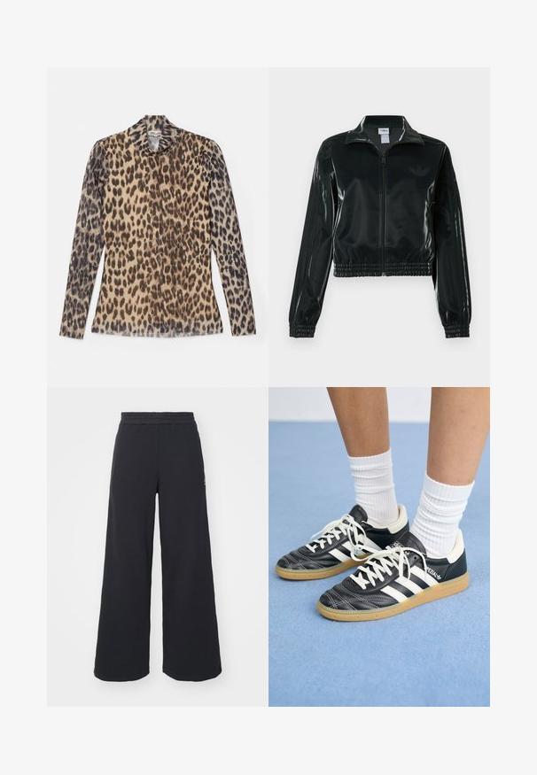 Must läikiv lühike jakk lukuga esiküljel, kõrge krae ja elastse äärega. Varrukatel on kolm triipu ja rinnal väike logo.; Leopardi mustriga pikkade varrukatega pluus ümmarguse kaeluse ja kerge kangaga, millel on beežid ja pruunid mustrid.; Mustad laiad spordipüksid, mis on valmistatud pehmest kangast, elastse vöökohtaga ja väikese logoga vasakul küljel.; Mustad nahast tennisetossud valgete triipudega, ümar nina, valged paelad ja kummist tallad. Esiletõstetud pehmendatud krae ja brändingu detailid.