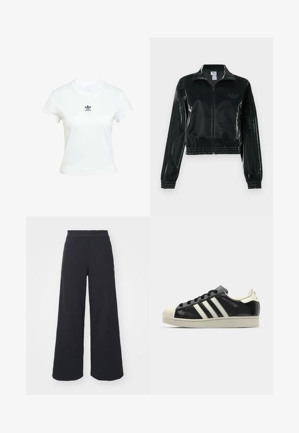 Zwarte glanzende cropped jas met een ritssluiting aan de voorkant, hoge kraag en elastische zoom. Voorzien van drie strepen op de mouwen en een klein logo op de borst.; Witte katoenen T-shirt met korte mouwen en een ronde hals. Voorzien van een zwart Adidas-logo op de borst. Eenvoudig, minimalistisch ontwerp.; Zwarte wijde sweatpants gemaakt van zachte stof, met een elastische tailleband en een klein logo aan de linkerkant.; Zwarte leren sneaker met witte strepen, rubberen teenbescherming, zwarte veters en een crèmekleurige loopzool. Glad oppervlak met een glanzende afwerking.